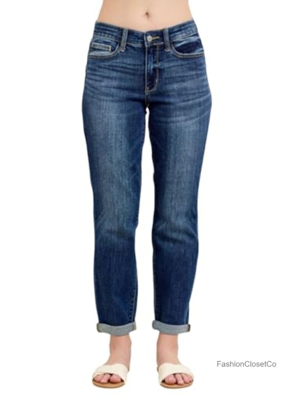 Judy Blue Mid Rise Cuffed Boyfriend Jeans Relaxed Fit Stretch Denim
